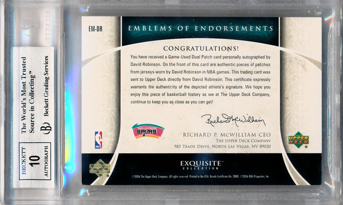 Upper Deck 2005-2006 Exquisite Collection Emblems Of Endorsement #EMDR David Robinson 6/15 / BGS Grade 9 / Auto Grade 10