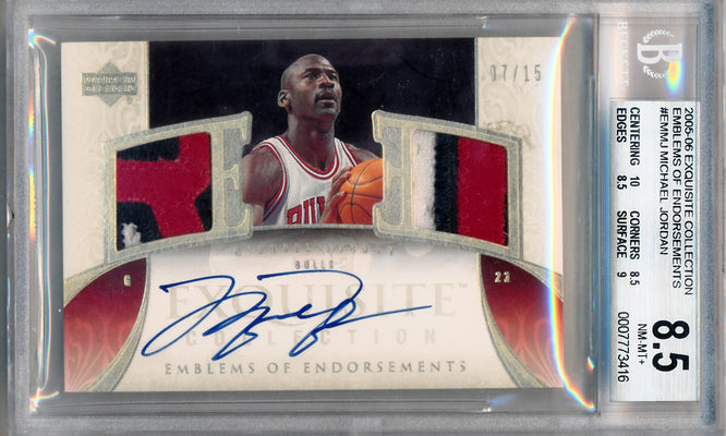 Upper Deck 2005-2006 Exquisite Collection Emblems Of Endorsement #EMMJ Michael Jordan 7/15 / BGS Grade 8.5 / Auto Grade 10