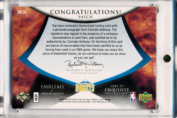 Upper Deck 2006-2007 Exquisite Collection Emblems Of Endorsement #EMCA Carmelo Anthony 4/15