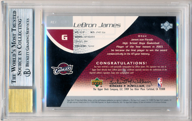 Upper Deck 2003-2004 SP Game Used Edition Rookie Exclusives Autos #RE1 Lebron James 82/100 / BGS Grade 9 / Auto Grade 10