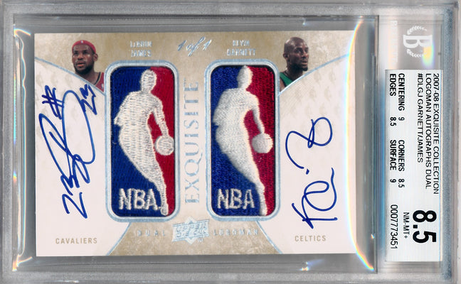 Upper Deck 2007-2008 Exquisite Collection Logoman Autographs Dual #DL-GJ Lebron James / Kevin Garnett 1/1 / BGS Grade 8.5 / Auto Grade 10