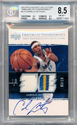 Upper Deck 2003-2004 Exquisite Collection Emblems Of Endorsements #EM-CA Carmelo Anthony 3/15 / BGS Grade 8.5 / Auto Grade 10