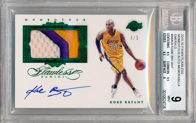 Panini 2015-2016 Flawless Momentous Auto Memorabilia Emerald #MMKB Kobe Bryant 4/5 / BGS Grade 9 / Auto Grade 10