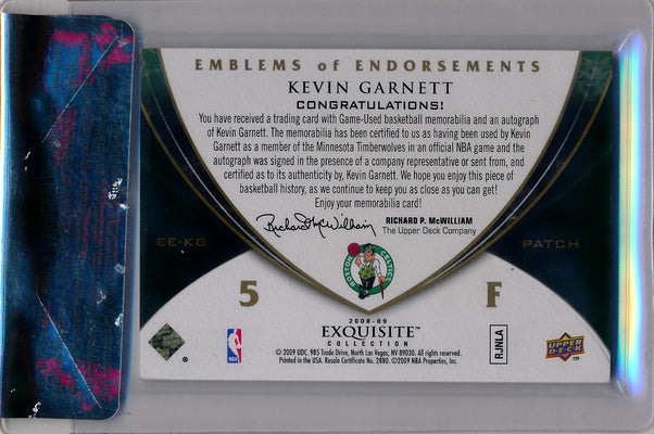 Upper Deck 2008-2009 Exquisite Collection Emblems Of Endorsement #EEKG Kevin Garnett 7/10 / Auto Grade 9