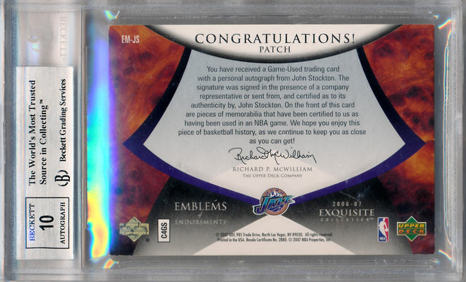 Upper Deck 2006-2007 Exquisite Collection Emblems Of Endorsement #EMJS John Stockton 9/15 / BGS Grade 8.5 / Auto Grade 10