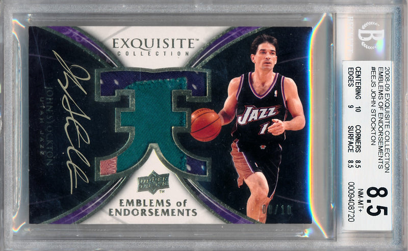 Upper Deck 2008-2009 Exquisite Collection Emblems Of Endorsement #EEJS John Stockton 8/10 / BGS Grade 8.5 / Auto Grade 10