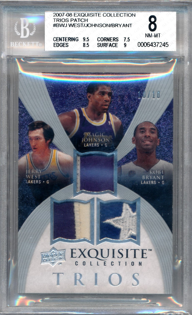 Upper Deck 2007-2008 Exquisite Collection Trios Patch #BWJ Jerry West / Magic Johnson / Kobe Bryant 10/10 / BGS Grade 8