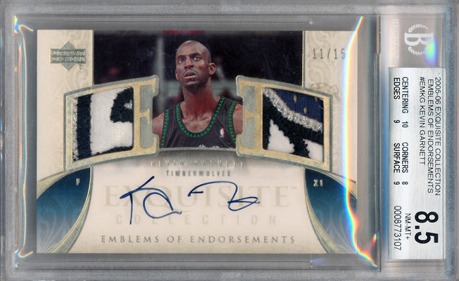 Upper Deck 2005-2006 Exquisite Collection Emblems Of Endorsement #EMKG Kevin Garnett 11/15 / BGS Grade 8.5 / Auto Grade 10