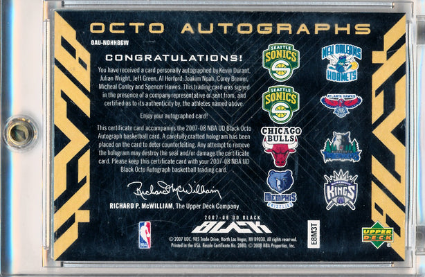 Upper Deck 2007-2008 Ud Black Octo Autographs #OAU-NDHHBGW Kevin Durant / Julian Wright / Jeff Green / Al Horford / Joakim Noah / Corey Brewer / Michael Conley / Spencer Hawes 1/1