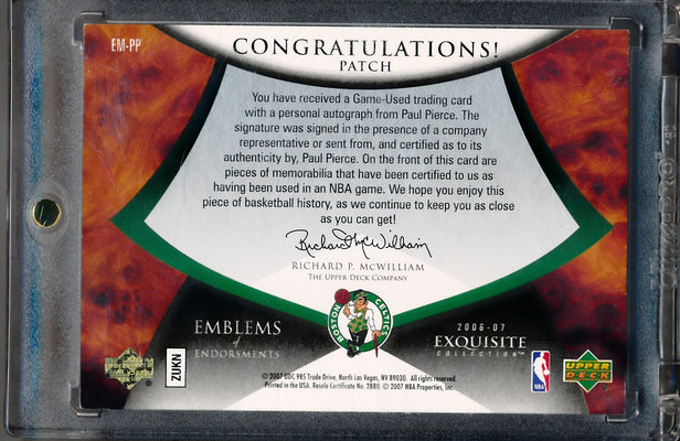 Upper Deck 2006-2007 Exquisite Collection Emblems Of Endorsement #EMPP Paul Pierce 8/15