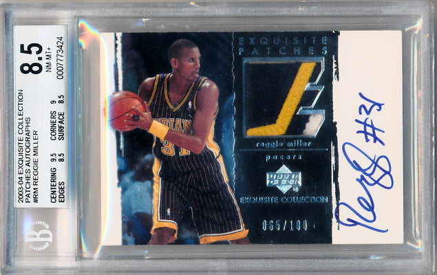 Upper Deck 2003-2004 Exquisite Collection Patches Autographs #AP-RM Reggie Miller 65/100 / BGS Grade 8.5 / Auto Grade 10