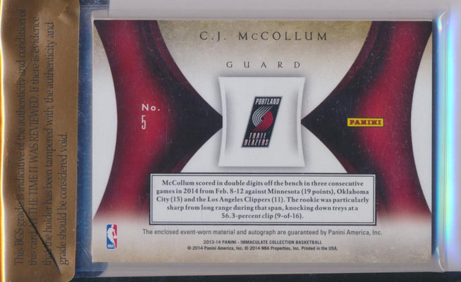 Panini 2013-2014 Immaculate Premium RPA Jumbo Patch #5 C.J. McCollum 6/10 / BGS Grade 8 / Auto Grade 10