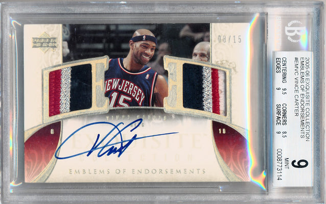 Upper Deck 2005-2006 Exquisite Collection Emblems Of Endorsement #EMVC Vince Carter 8/15 / BGS Grade 9 / Auto Grade 10