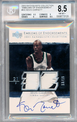 Upper Deck 2003-2004 Exquisite Collection Emblems Of Endorsements #EM-KG Kevin Garnett 13/15 / BGS Grade 8.5 / Auto Grade 10