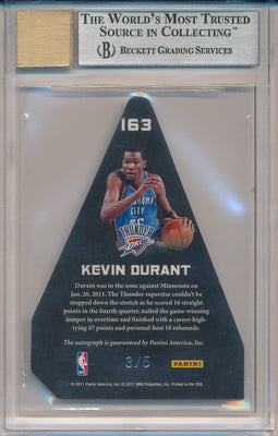 Panini 2011-2012 Prefered Silver #163 Kevin Durant 3/5 / BGS Grade 9 / Auto Grade 10