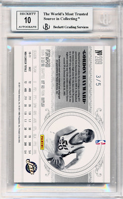 Panini 2010-2011 National Treasures  Century Platinum #209 Gordon Hayward 3/5 / BGS Grade 9 / Auto Grade 10