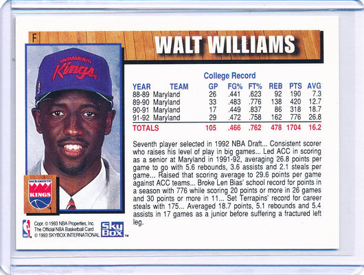 SkyBox 1992-1993 Hoops NBA Draft #F Walt Williams