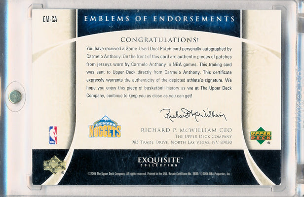 Upper Deck 2005-2006 Exquisite Collection Emblems Of Endorsement #EMCA Carmelo Anthony 12/15