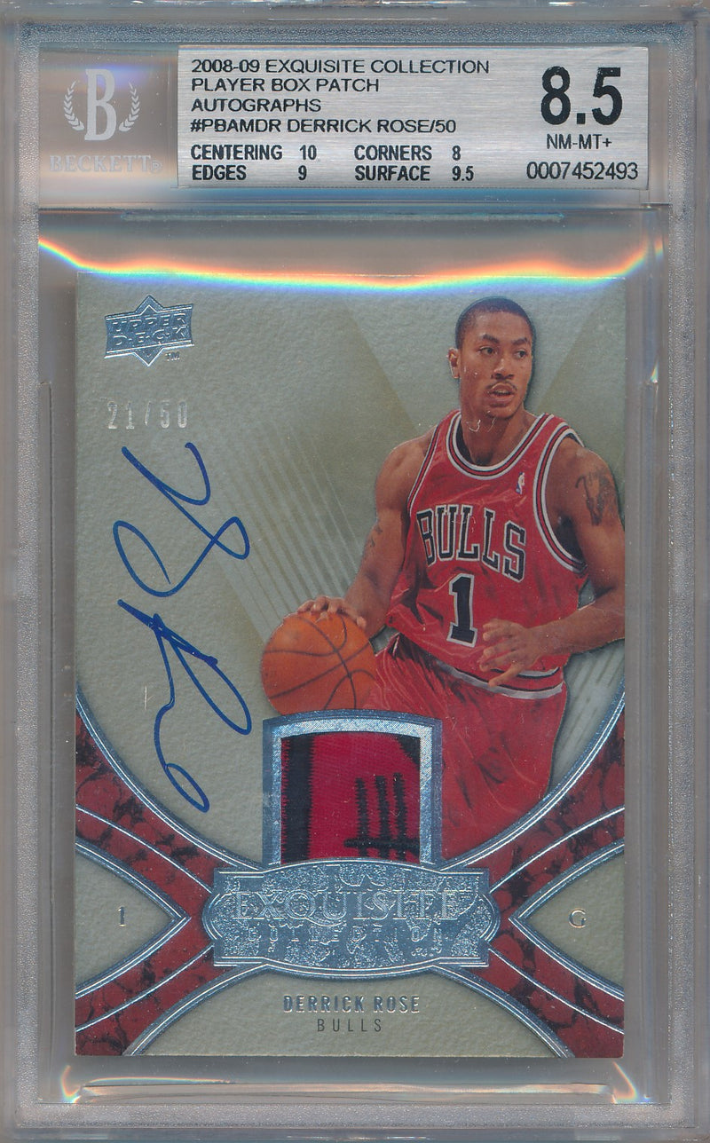 Upper Deck 2008-09 Exquisite Collection Player Box Patch Autographs #PBAM-DR Derrick Rose 21/50 / BGS Grade 8.5 / Auto Grade 10