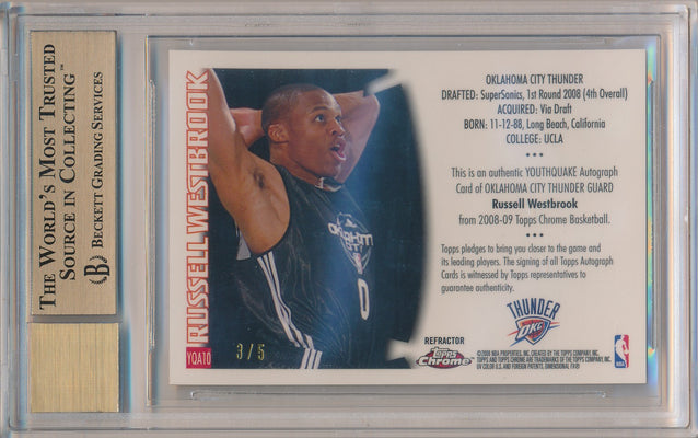 Topps 2008-09 Chrome Youthquake Autographs Gold Refractors #YQA10 Russell Westbrook 3/5 / BGS Grade 9.5 / Auto Grade 10