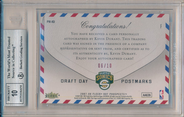 Fleer 2007-2008 Hot Prospects Draft Day Postmarks Red #PM-KD Kevin Durant 6/10 / BGS Grade 9 / Auto Grade 10