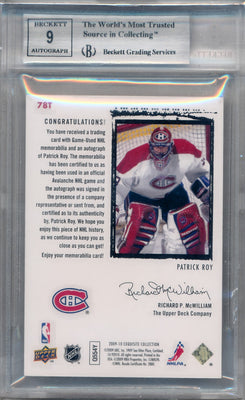 Upper Deck 2009-2010 Exquisite Collection Rookie Patch Flashback #78T Patrick Roy 10/25 / BGS Grade 9 / Auto Grade 9