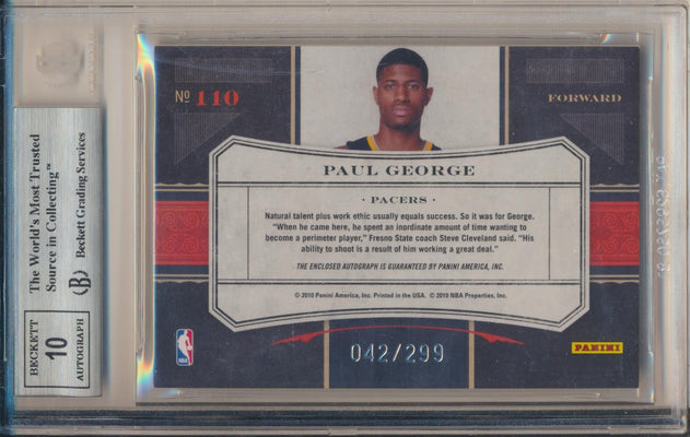 Panini 2010-2011 Timeless Treasures Rookie Recruits RPA #110 Paul George 42/299 / BGS Grade 9 / Auto Grade 10