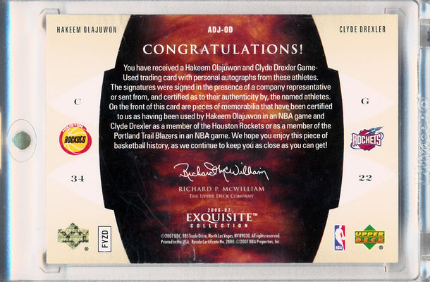 Upper Deck 2006-2007 Exquisite Collection Jersey's Dual Auotographs #ADJ-OD Hakeem Olajuwon / Clyde Drexler 5/5