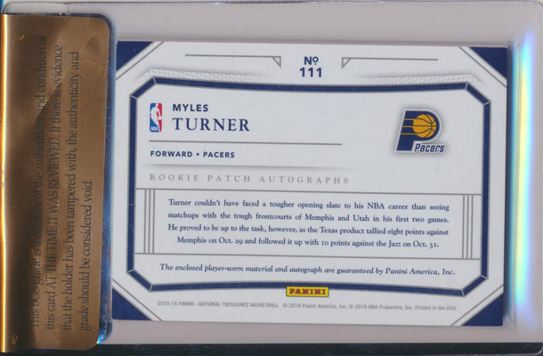 Panini 2015-2016 National Treasures Emerald RPA #111 Myles Turner 2/5 / BGS Grade 8 / Auto Grade 10