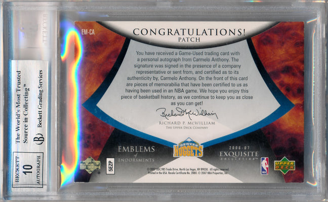 Upper Deck 2006-2007 Exquisite Collection Emblems Of Endorsement #EMCA Carmelo Anthony 14/15 / BGS Grade 8.5 / Auto Grade 10