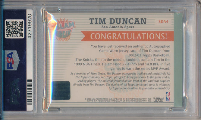 Topps 2002-2003 Slam Jersey Auto #SDA4 Tim Duncan 4/21 / PSA Grade 7