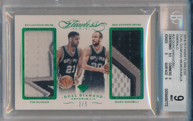 Panini 2014-2015 Flawless Emerald Dual Diamond Patches #DD-SAS Tim Duncan/Manu Ginobili 2/5 / BGS Grade 9