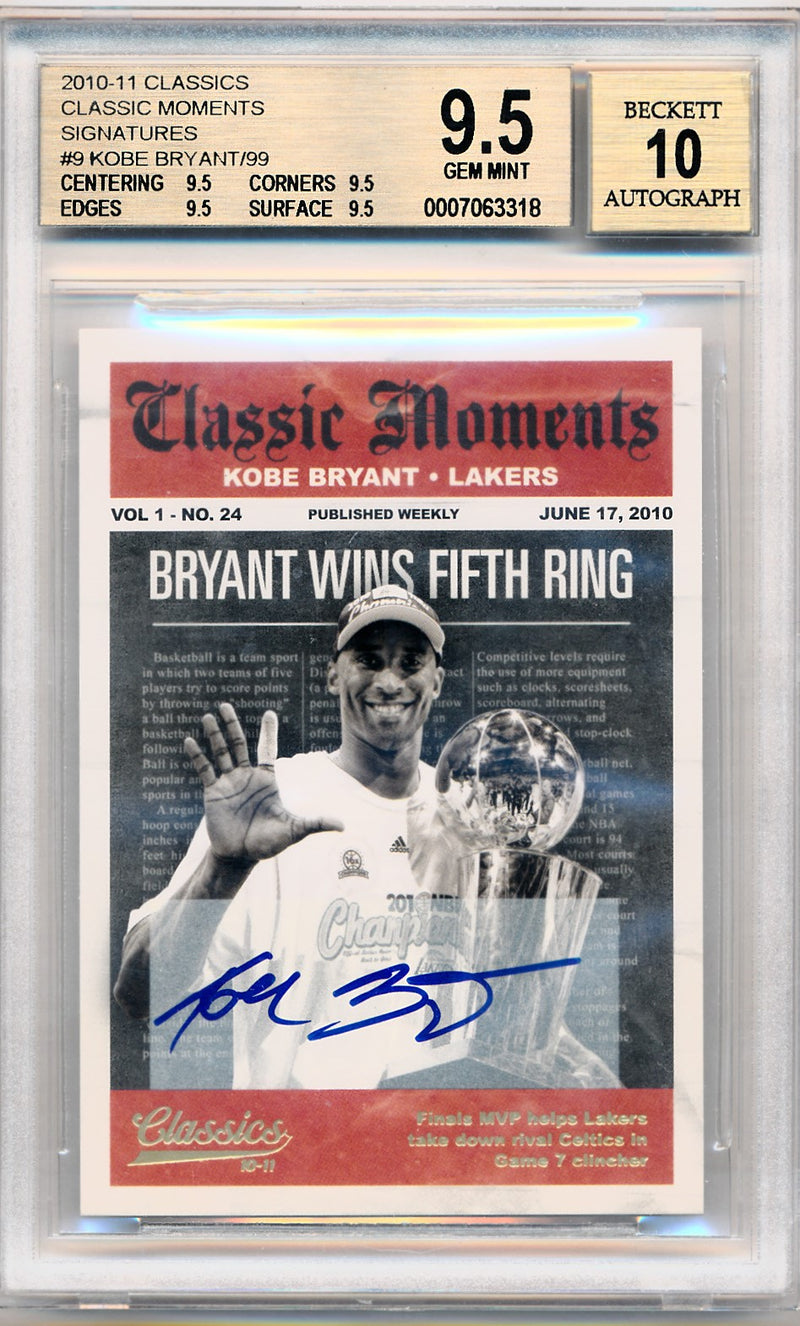 Panini 2010-2011 Classic's Classic Moments Signatures #9 Kobe Bryant 15/99 / BGS Grade 9.5 / Auto Grade 10